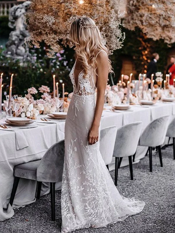 Sexy Deep V-neck Mermaid Tulle Lace Simple Wedding Dresses. WDS0097 Beautiful Lace Gown