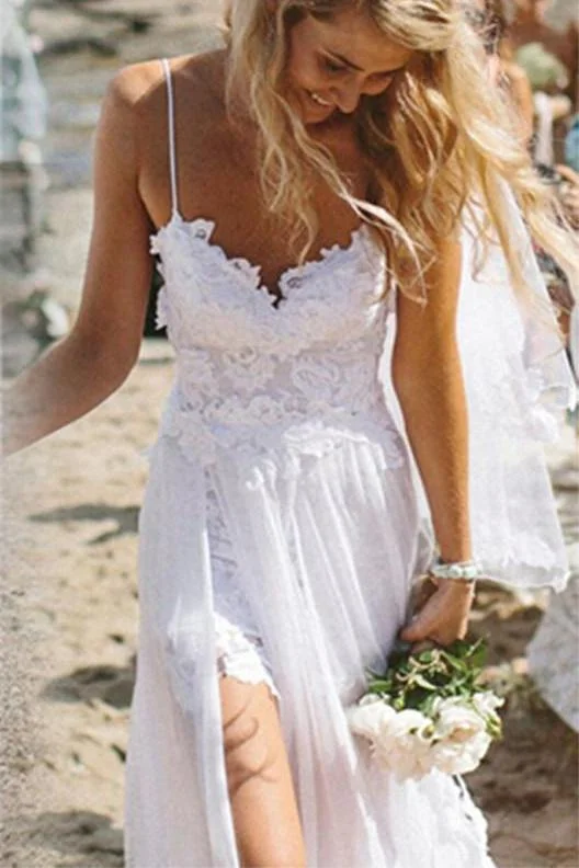 Spaghetti Straps White Lace Chiffon Backless Beach Wedding Gowns,S12 A-line Bridal Dress