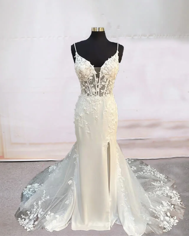 Mermaid V-neck Open Back Appliques Wedding Dress Glitter Wedding Dress