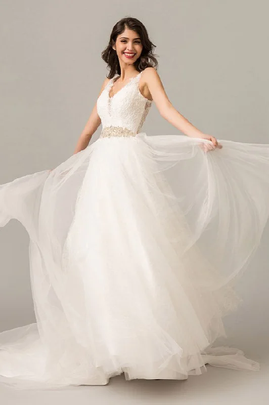 A Line Court Train V Neck Sleeveless Layers Wedding Dresses Princess Bridal Dress