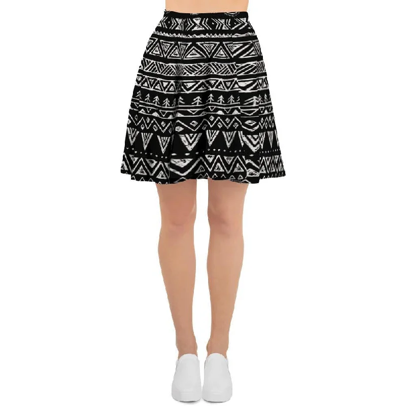 Black And White Doodle Tribal Aztec Print Women's Skirt Plus size unclassified skirts