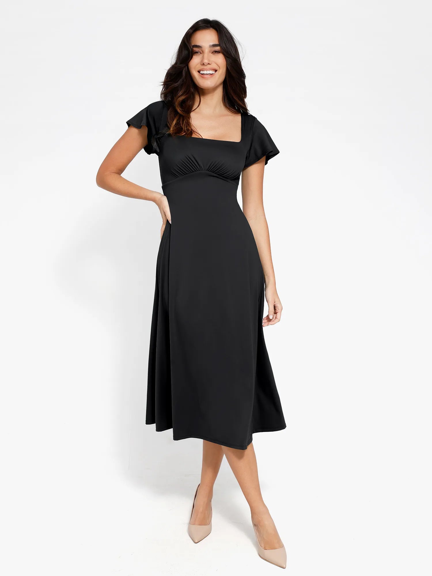 Shapewear Flutter Sleeve Sculpting A-Line Midi Dress Glamorous midi dresses