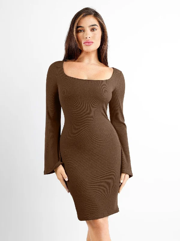 Shapewear Bell Sleeve Square Neck Slimming Midi Dress New Year's Eve midi dresses