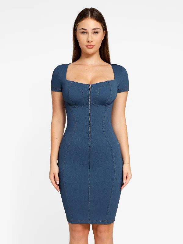 Shapewear Denim Square Neck Tummy Control Midi Dress Halter midi dresses