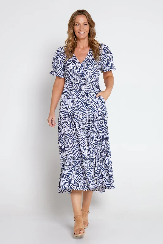 Ellie Midi Dress - Blue Print Off-shoulder midi dresses