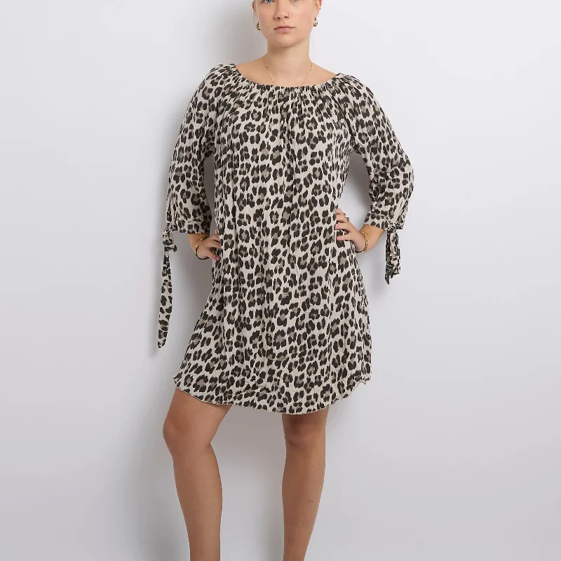 Leopard Print Off The Shoulder Midi Dress-UK 12 Tiered midi dresses