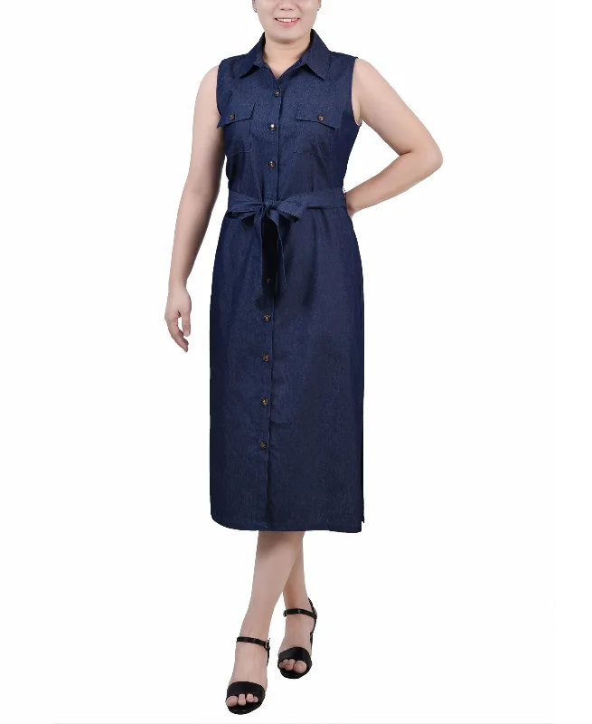 Petite Sleeveless Belted Chambray Midi Dress High-end midi dresses