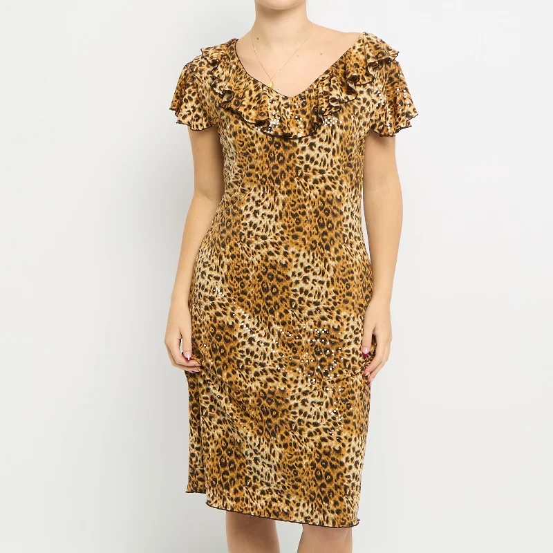 Sparkly Leopard Print Ruffle Shoulder Hem Midi Dress - UK 12 Expensive midi dresses