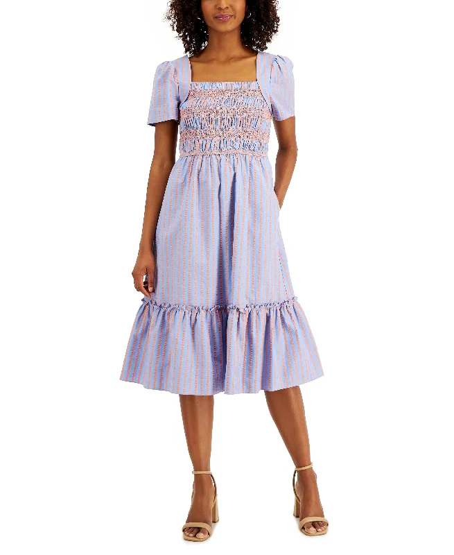 Tahari Asl Cotton Smocked Seersucker Midi Dress Smocked midi dresses