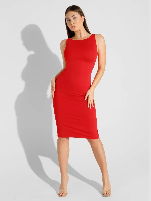 Shapewear Sleeveless Boatneck Sculpting Midi Work Dress Flattering midi dresses for all body types