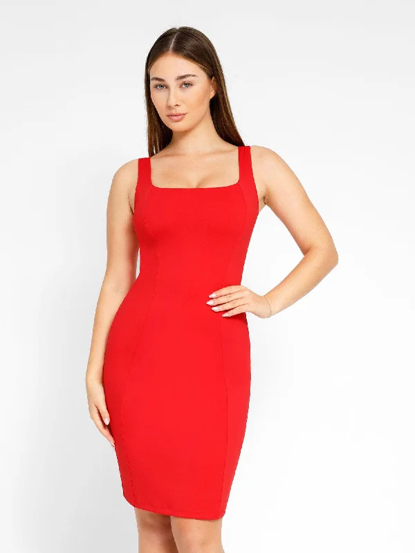 Shapewear Sleevless Square Neck Sculpting Midi Work Dress Sleeveless midi dresses