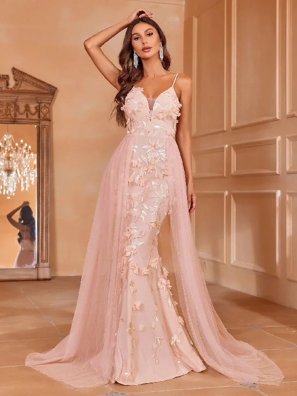 Floral-Accented Tulle Gown with Train Bachelorette party dresses