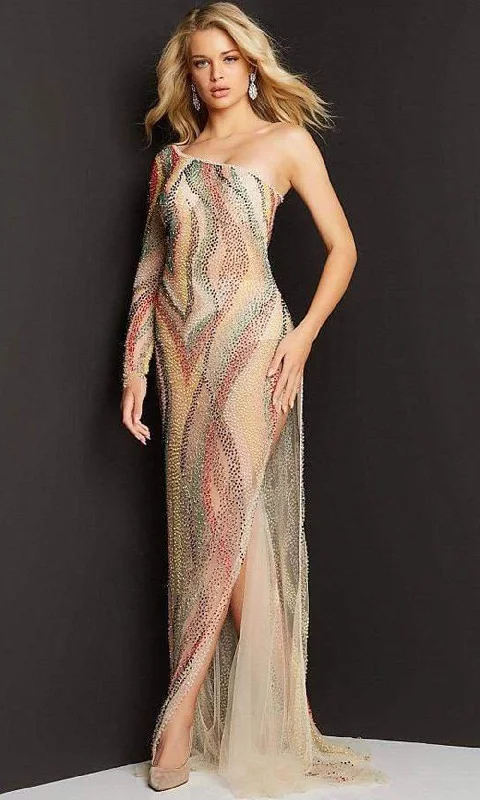 Jovani - 06741 Beaded Multicolor Slit Sheer Gown Fall party dresses