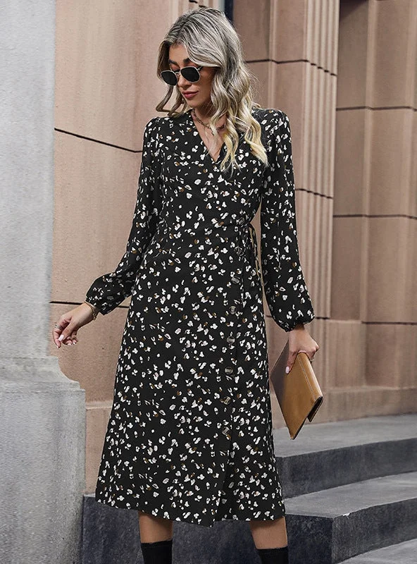 Black Printed V-neck Long Sleeve Dress Lace floral dresses