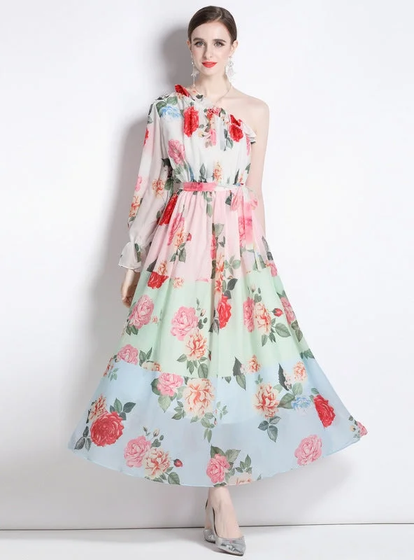 Chiffon Diagonal Shoulder Beach Print Dress Spring floral dresses