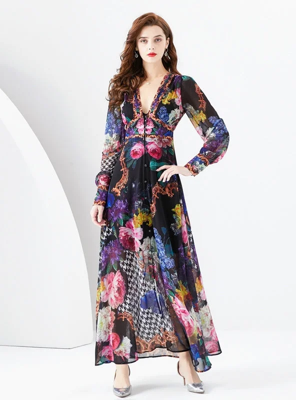 Chiffon Gauze Printed Long Sleeve Dress Best floral dresses for hourglass body shape