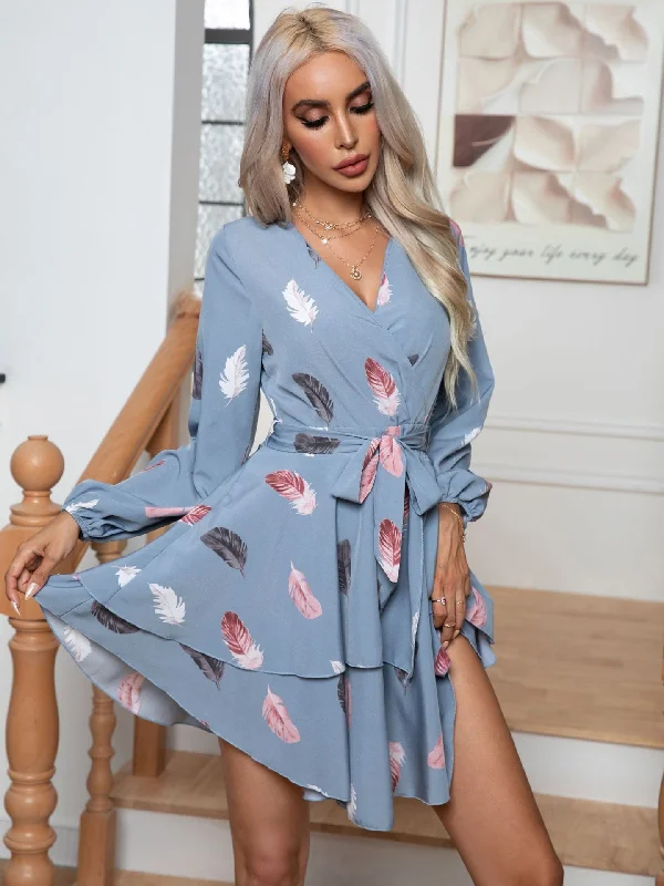 Feather Printed Ruffled V-neck Dress Anniversary floral dresses