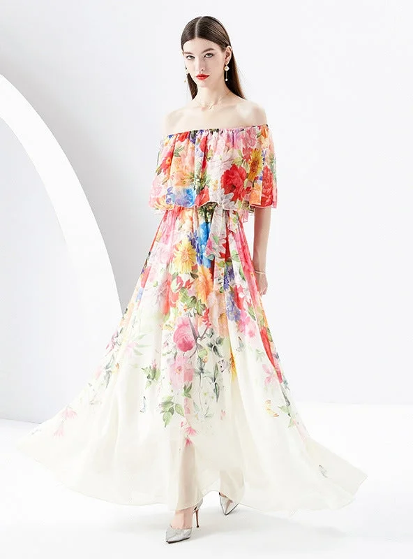 Irregular Diagonal Shoulder Chiffon Floral Dress Short floral dresses