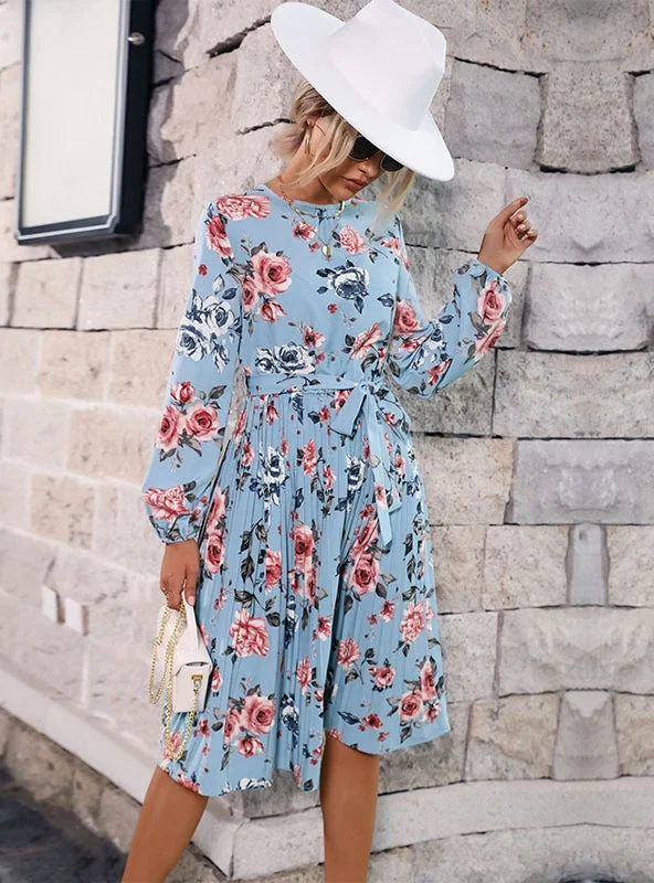 Long Sleeve Blue Pleated Floral Dress Petite floral dresses