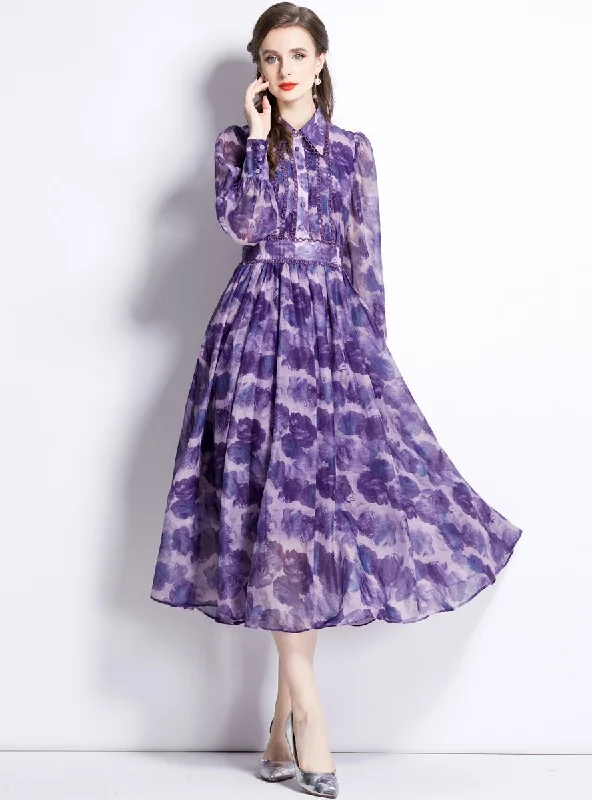 Long Sleeve Lapel Slim Printed Dress Fashion-forward floral dresses