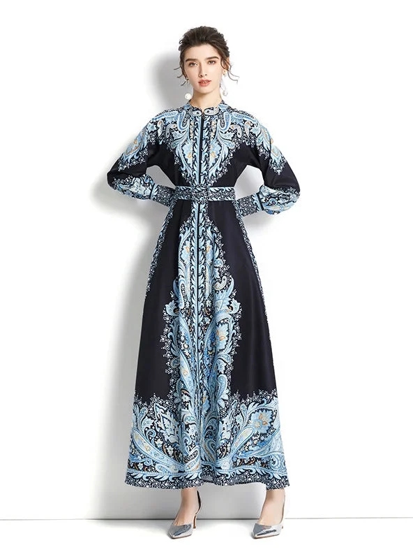 Long Sleeve Printed Dress with Belt Organza floral dresses