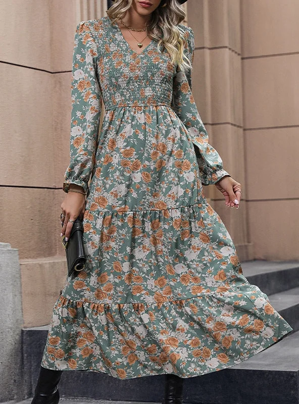 Long Sleeve V-neck Print Long Dress Stretchy floral dresses