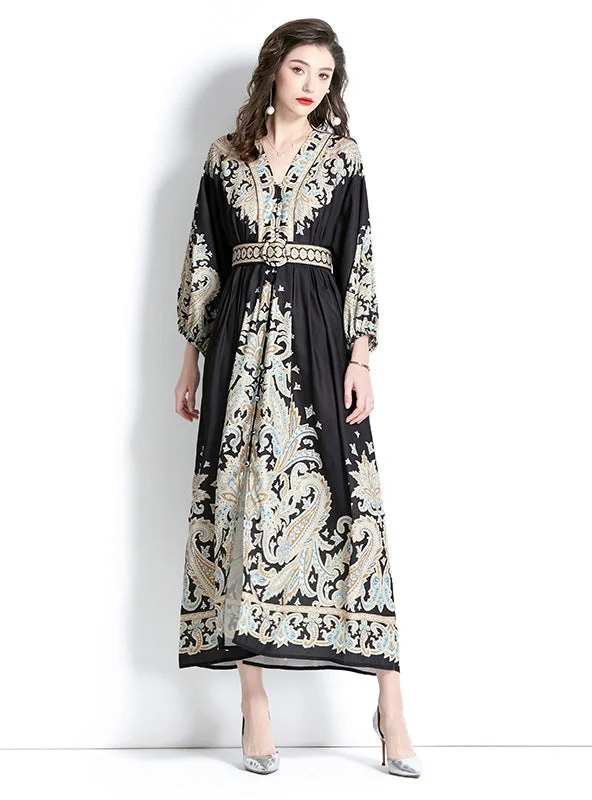 Long Sleeve V-neck Printed Long Dress Party floral dresses