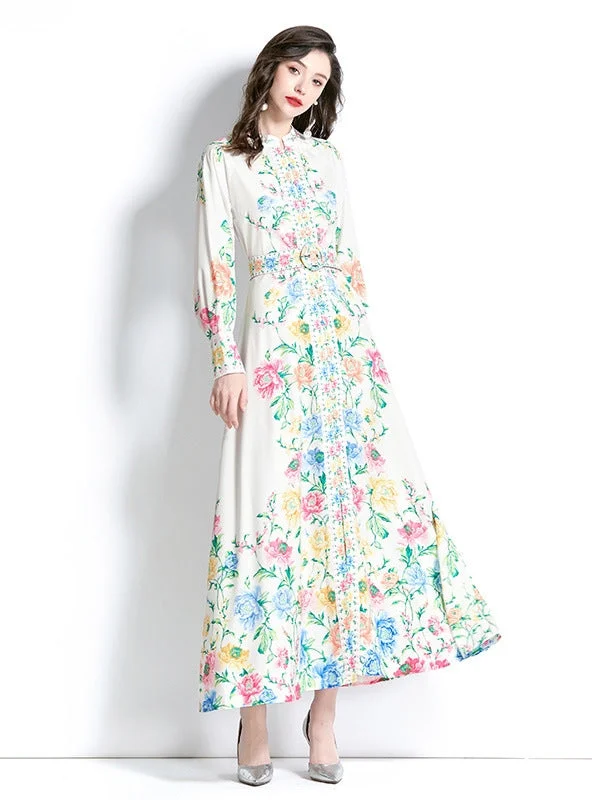 Long-sleeved Holiday Lantern Sleeve Printed Dress Vintage floral dresses