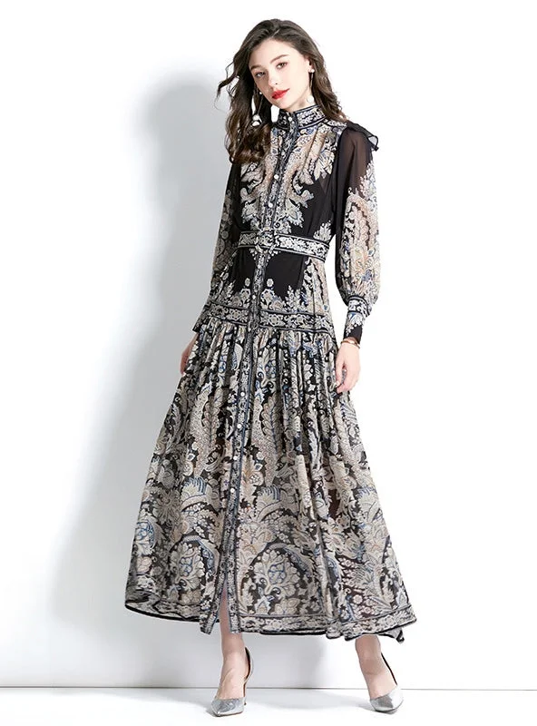 Long-sleeved Lantern Sleeve Printed Dress Wrap floral dresses