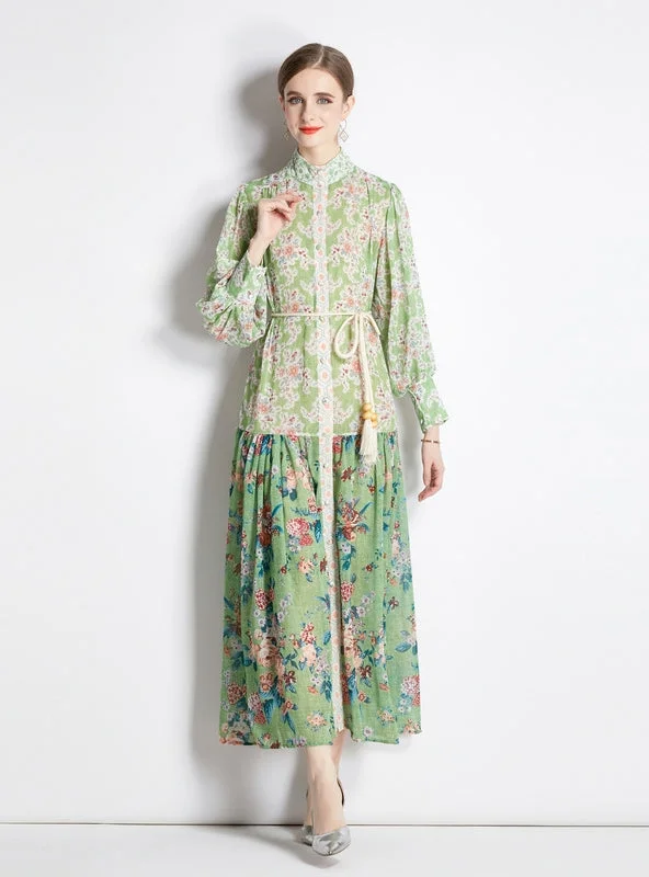 Long-sleeved Retro Lantern Sleeve Printed Dress Minimalist floral dresses