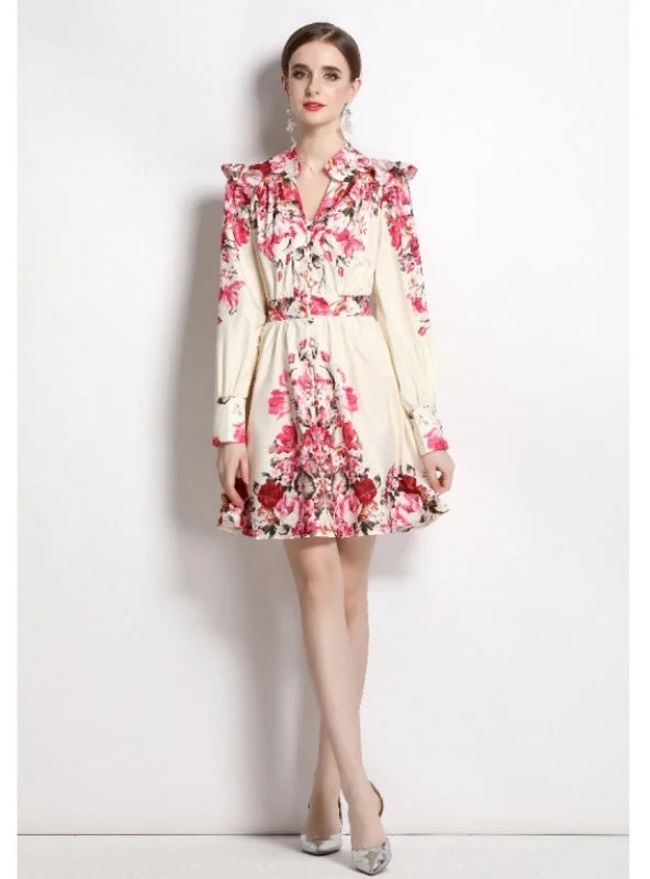 Long-sleeved Vintage Printed V-neck Dress Smocked floral dresses