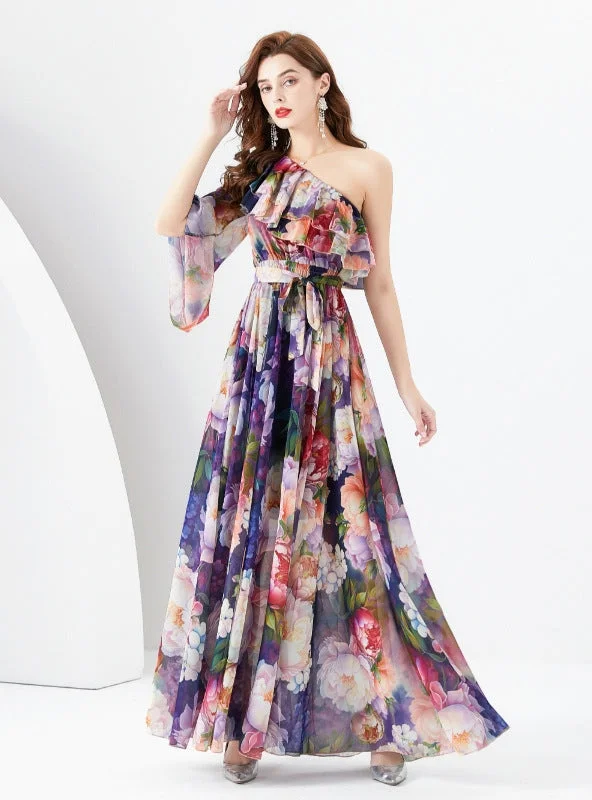 One Shoulder Chiffon Long Sleeve Print Summer Dress Fashion-forward floral dresses