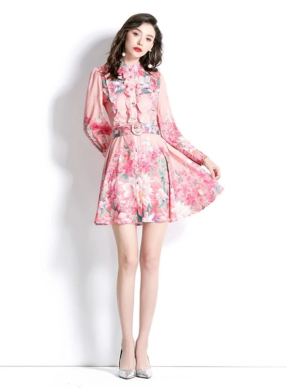 Pink Long Sleeve Printed Dress Midi floral dresses