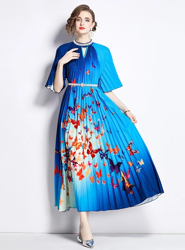 Printed Beaded Pleated Long Dress Silk floral dresses