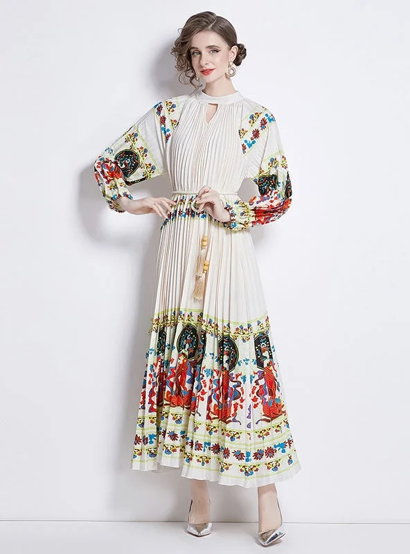 Printed Lantern Sleeve Pleated Belt Dress High-end floral dresses