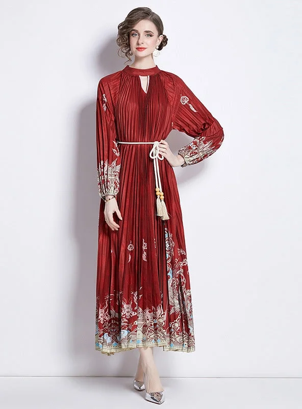 Printed Lantern Sleeve Pleated Belt Dress Designer floral dresses