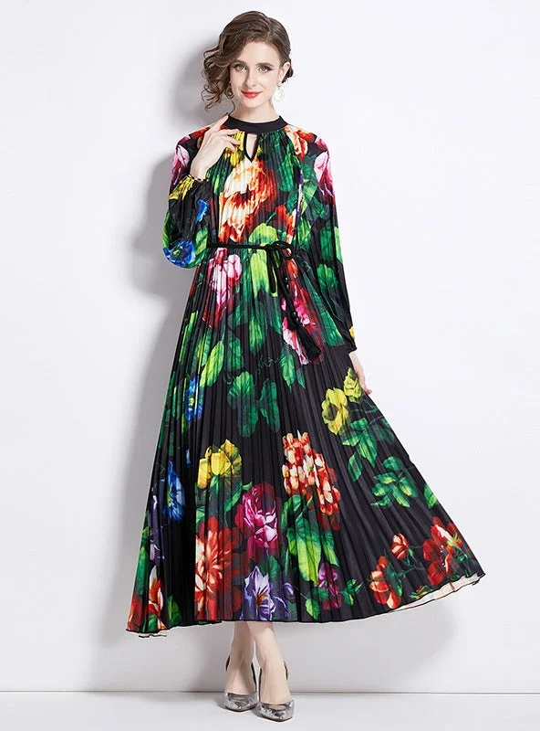 Printed Lantern Sleeve Pleated Belt Dress Sexy floral print dresses