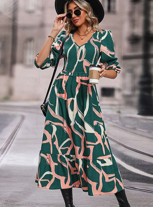 Printed Long-sleeved Pleats Dress Y2K floral dresses