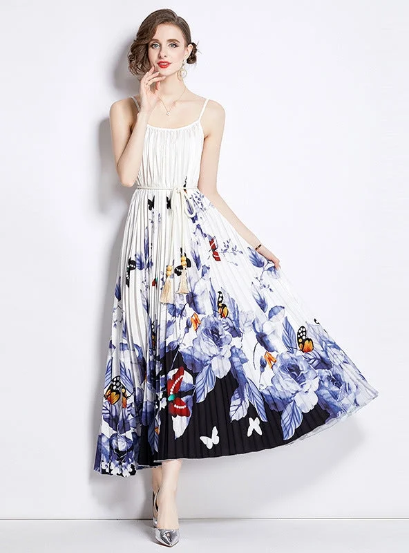 Printed Pleated Straps Dress Best floral dresses for work