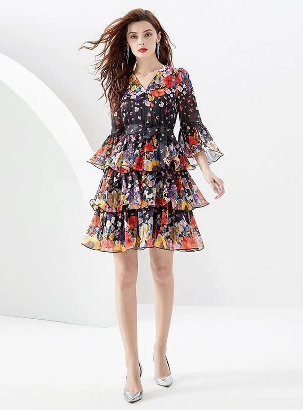 Printed Ruffled Short Flared Sleeve Dress Best floral dresses for curvy figures