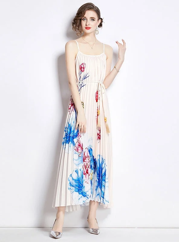 Printed Sling Pleated Dress Graduation floral dresses