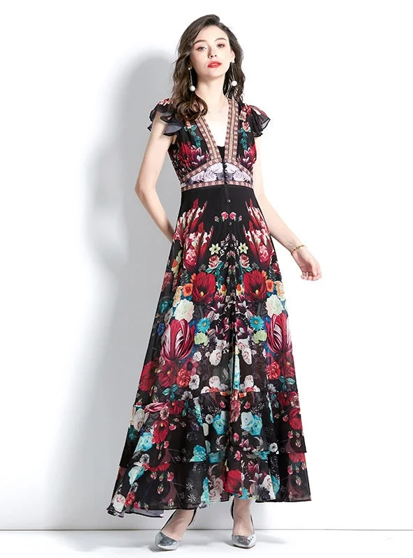 Retro Deep V-neck Printed Long Dress Plus size floral dresses