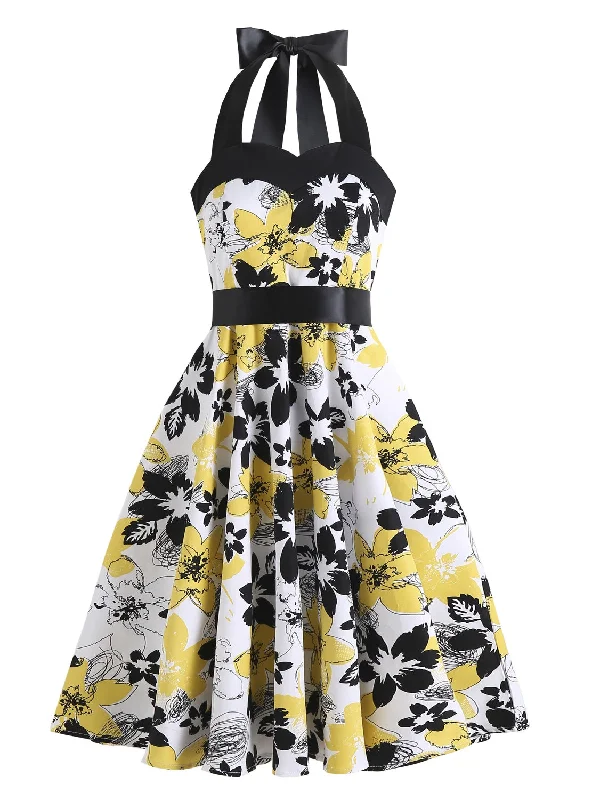 Retro Hepburn Printed Neck Dress Designer floral dresses