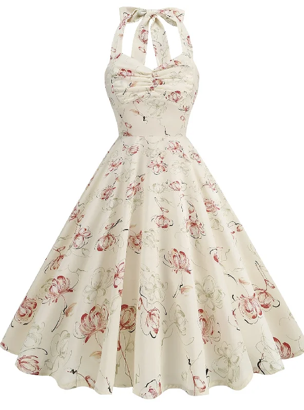 Retro Hepburn Rose Print Halter Dress Organza floral dresses