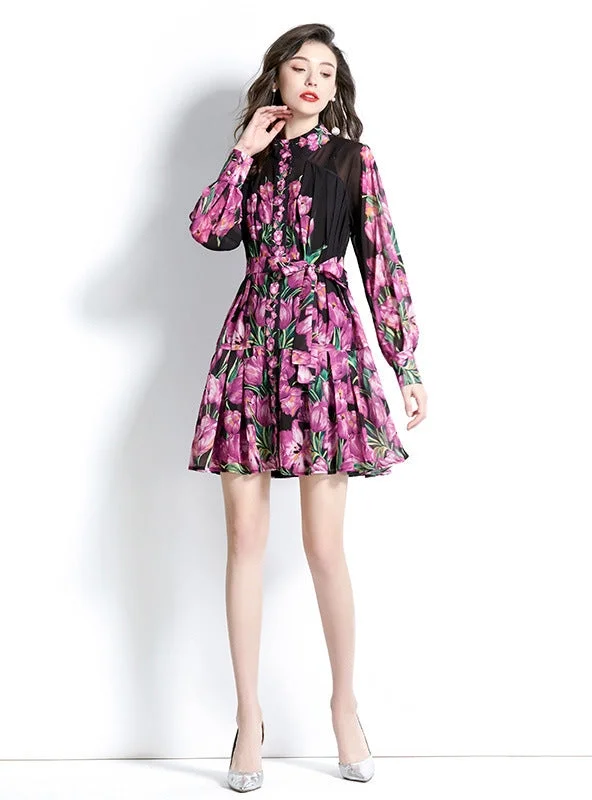 Retro Short Long Sleeve Printed Dress Fashion-forward floral dresses