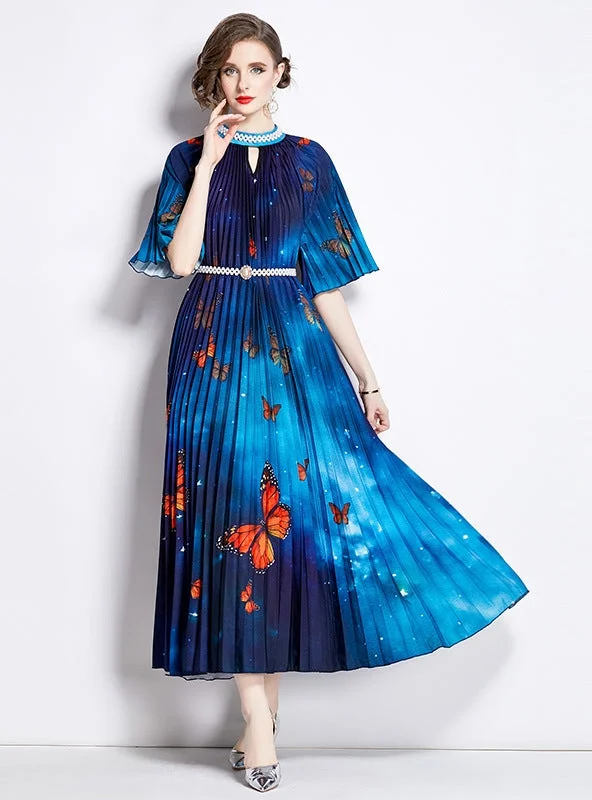 Short-sleeved Beaded Gradient Print Dress Maxi floral dresses