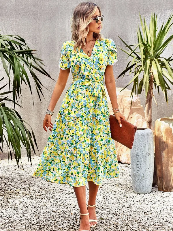 Short-sleeved Split Printed Dress Wedding guest floral dresses