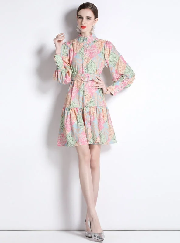 Stitching Printed Long Sleeve Slim Retro Dress Retro floral dresses