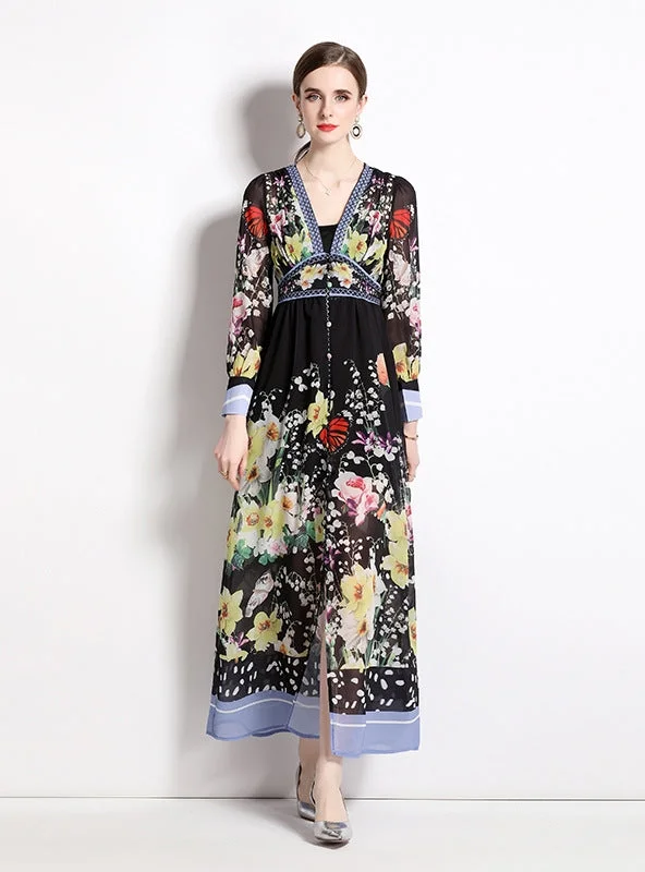 Summer V-neck Chiffon Printed Long Dress Date night floral dresses