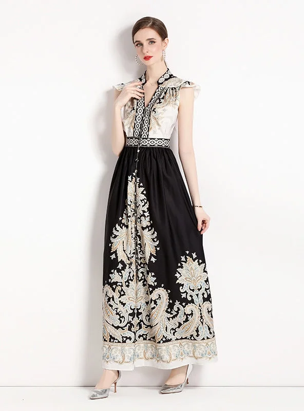 V-neck Flying Sleeve Printed Dress Vintage floral dresses